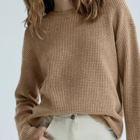 Wilfred Sweaters - Wilfred Women's Camel/Tan Merino Wool Waffle Knit Crewneck Sweater (Size S)